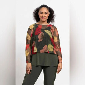 Sympli Floral Camo Mesh Cropped Top Size 12 Long Sleeve Scoop Neck NWT